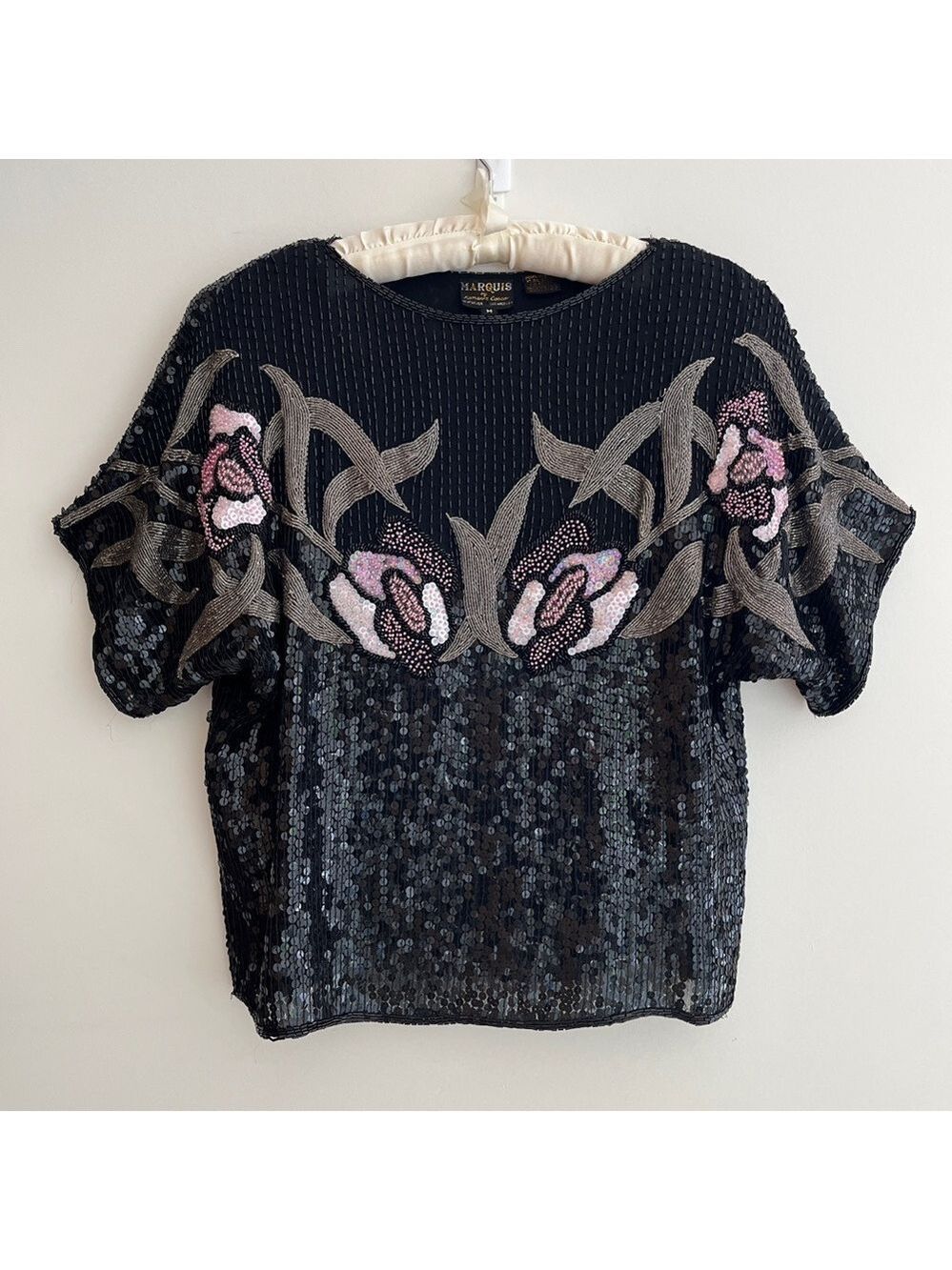 VINTAGE Marquis Randall Cosco Silk Sequin Beaded Sequin Pullover Top Glam 80's